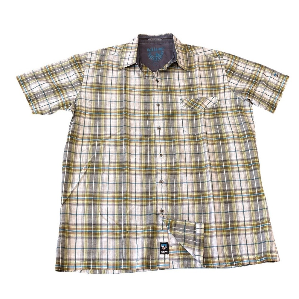 Kuhl Mens‎ Short Sleeve Shirt Large Plaid Green Button Up Hiking Outdoor Pocket